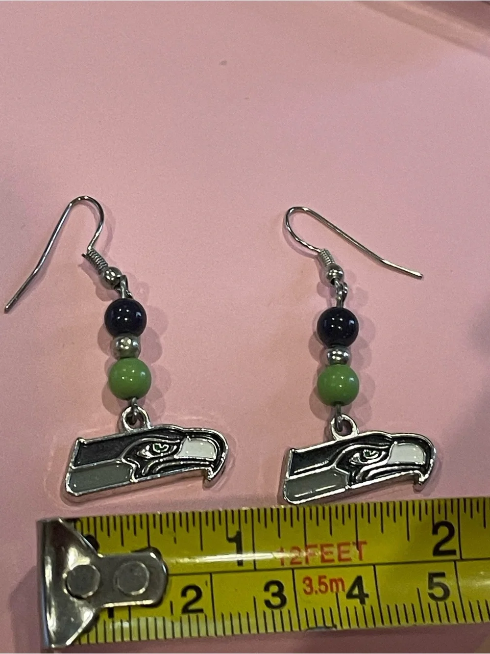 Seattle Seahawks Dangle Earrings Fan Beads w/ Charm #6816